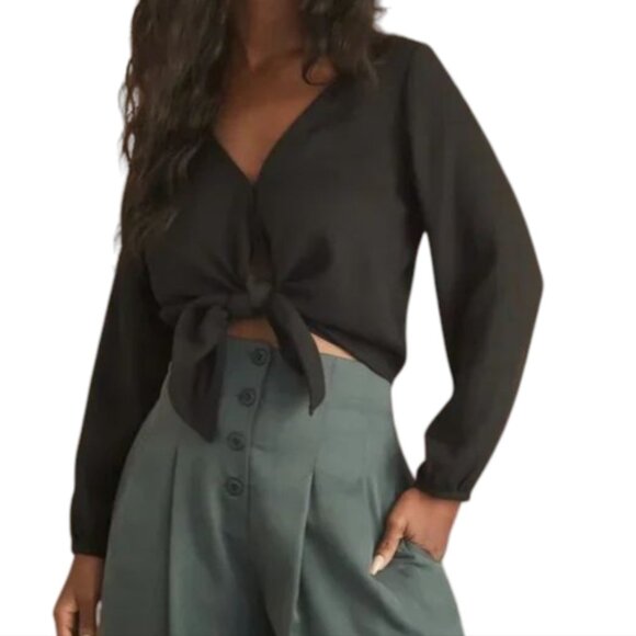 Vetta The Gathered Sleeve Wrap Top Black Tencel V Neck Puff Sleeve Women's Small - Picture 1 of 15